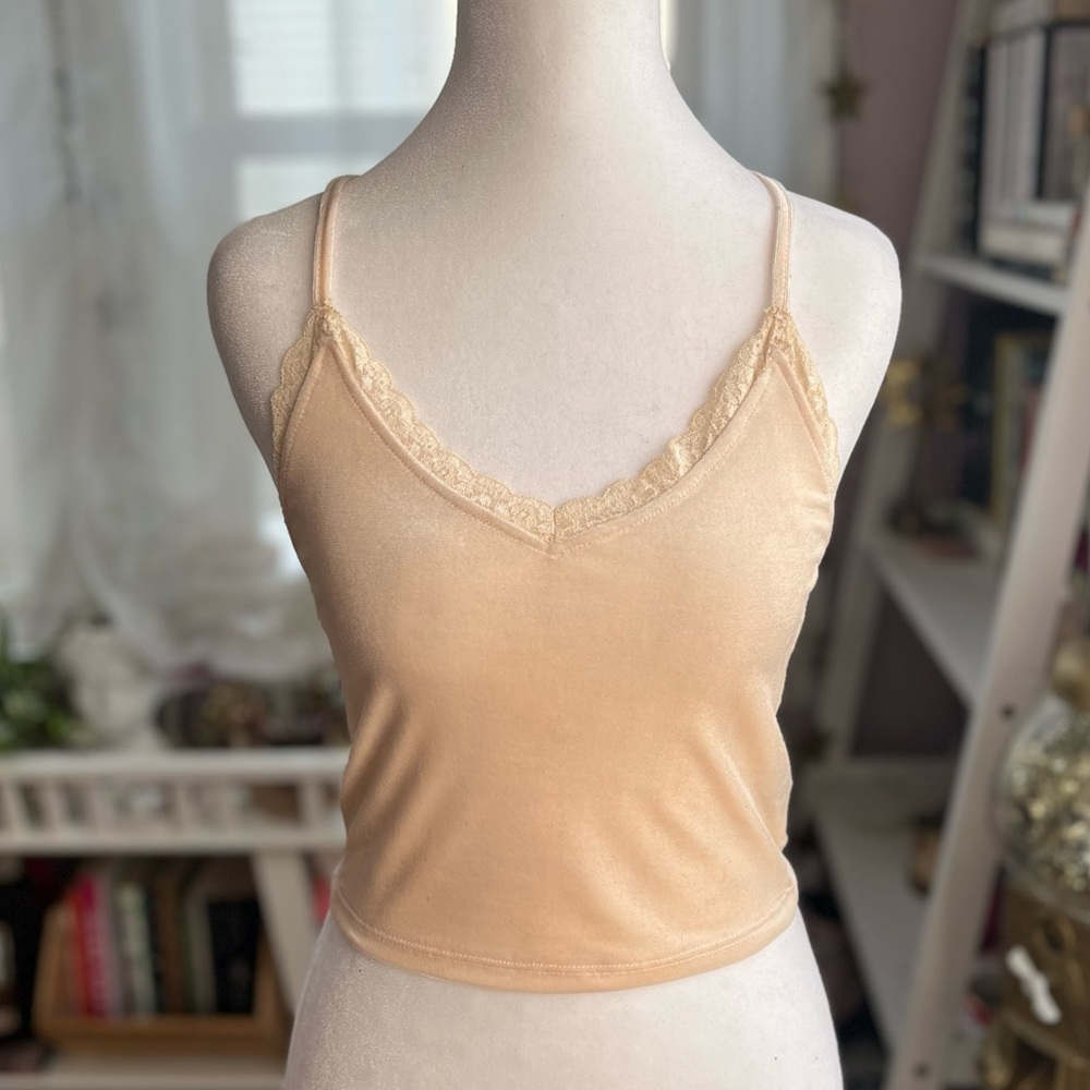 Cream Shell Pink Velvet & Lace Trim Cami Top